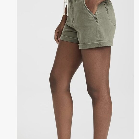 PAIGE “Harper” Utility Green Denim Drawstring Shorts | Rolled Hem – Size 25 - Picture 3 of 12